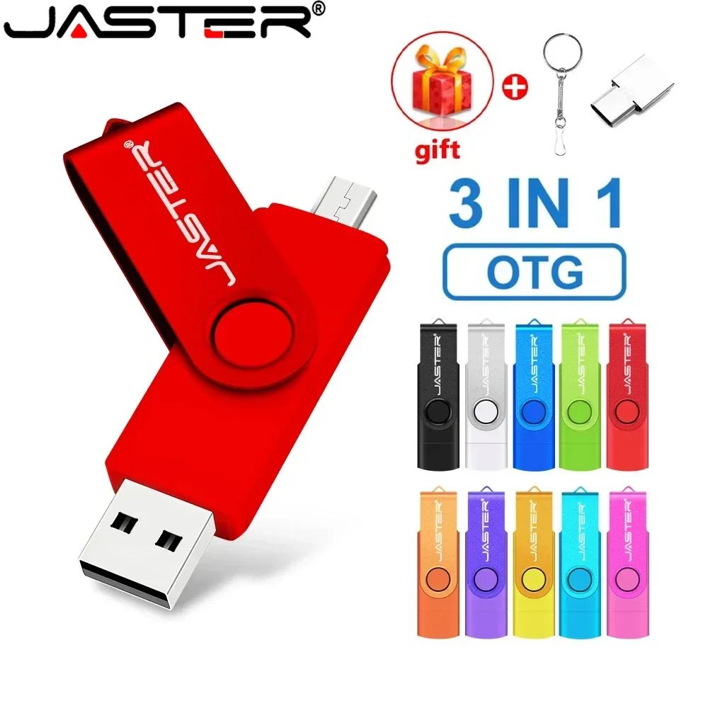 

JASTER OTG 2 in 1 Rotatable USB Flash Drive 128GB Real Capacity Pen Drive 64GB Free Key Chain Memory Stick 32GB Business Gift