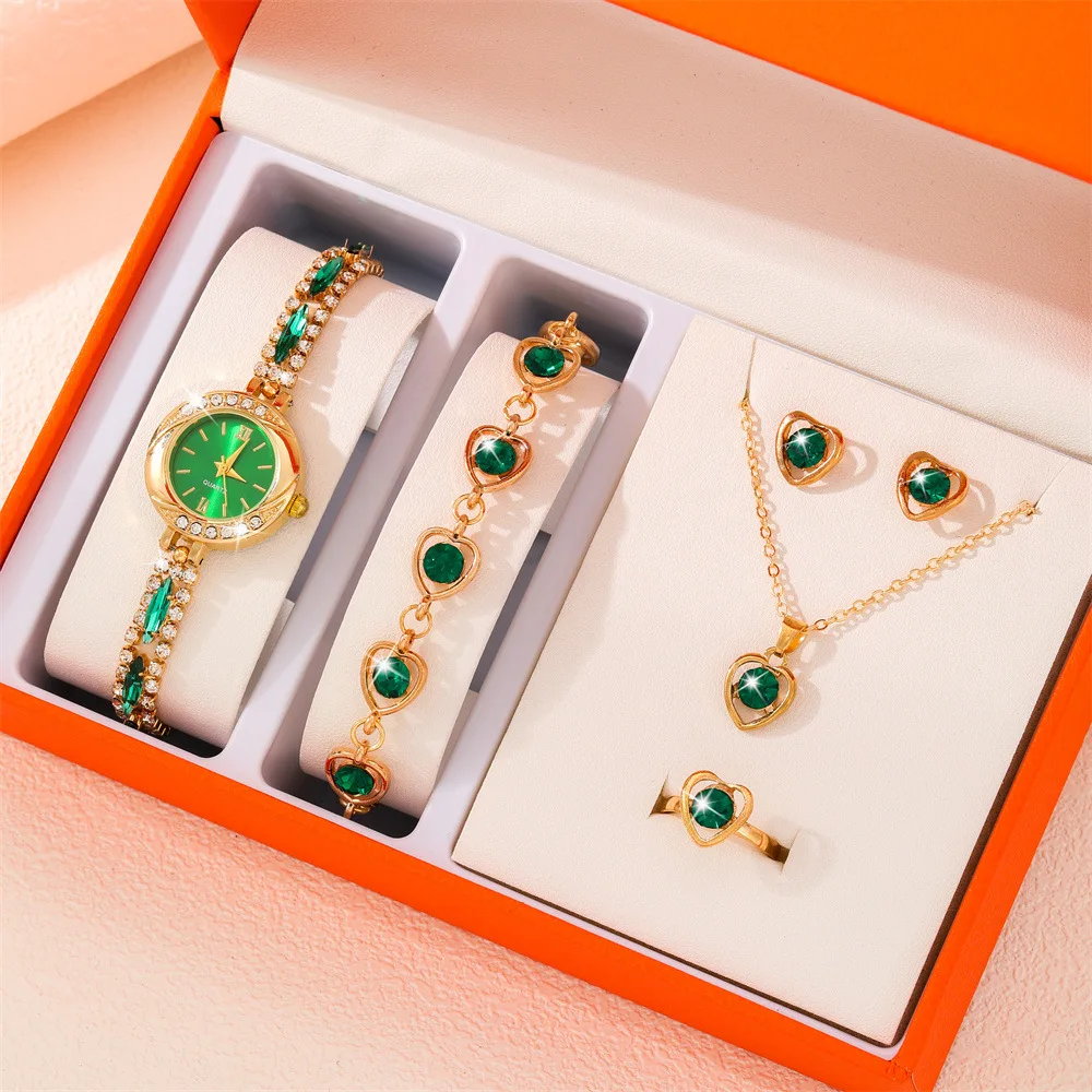 

New Gemstone Quartz Watch Women Luxury Brand 6Pcs Set Jewelry Bracelet Earrings Ring Necklace Watch