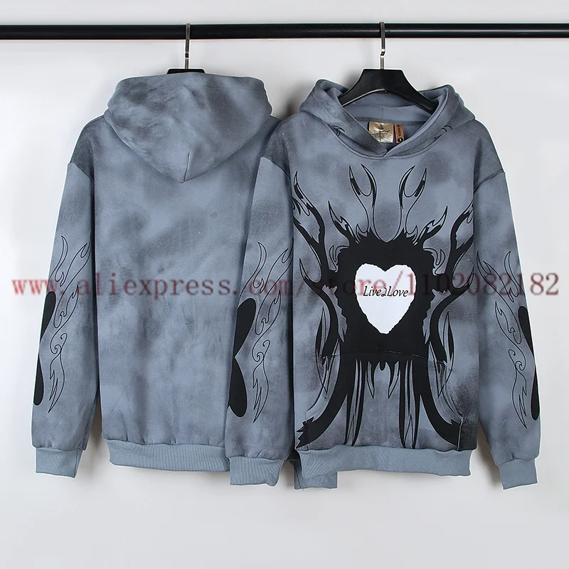 High Street Retro Tie Dyed Heart-shaped Printed Hoodie Men Women Hooded Plush Sweatshirt Thickened Loose Pullovers