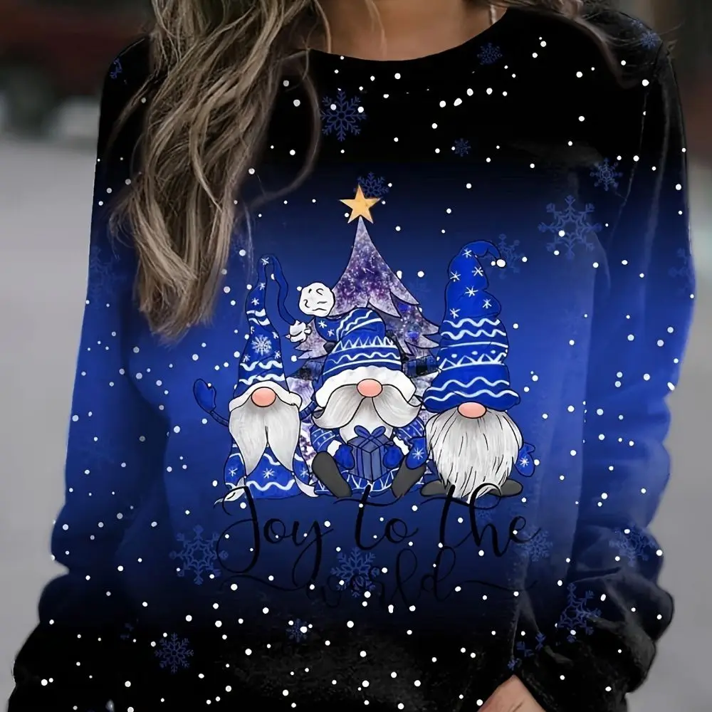 Personalized Christmas Long Sleeved Top With Fun Gnome And Snowflake Print Hoodie 2024 Autumn&winter O-neck Women's Hoodie