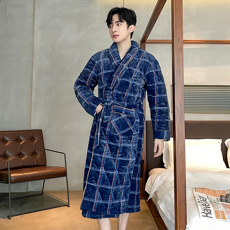 ขนาดใหญ่ L-4XL ผู้ชาย Robe ฤดูหนาว Robe 3 ชั้นผ้าฝ้ายเสื้อชายลายสก๊อต Robe