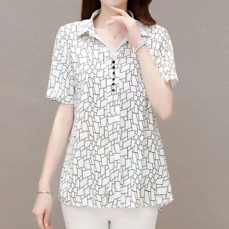

Female Clothing Casual Geometric Spliced Printed Blouse Summer Commute Turn-down Collar Short Sleeve Stylish Button Loose Shirt