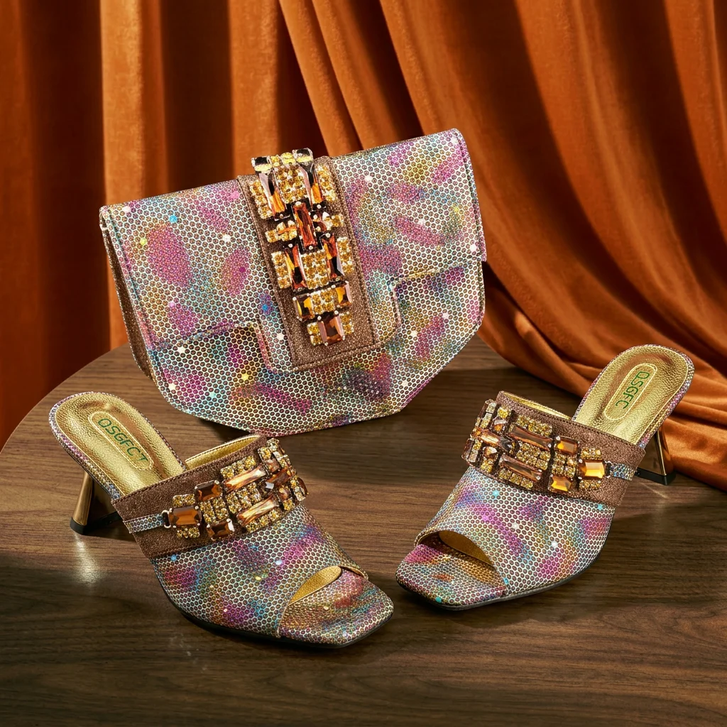 Nouvelle Arrivée : Ensemble Chaussures et Sac Style Mature avec Strass Colorés et Design Métallique, Talon Étrange et Bout Ouvert, Idéal pour Fêtes et Mariages