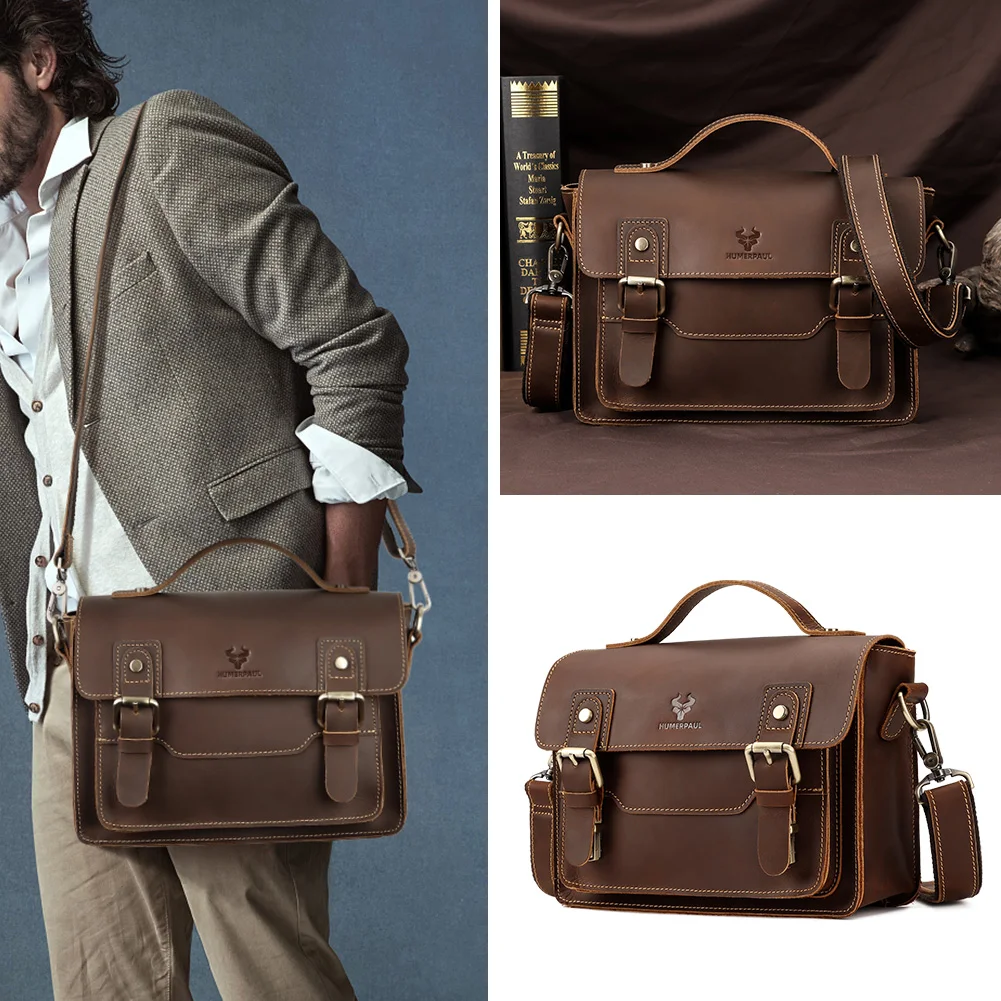 HUMERPAUL Crazy Horse Leather Men Messenger Bag Vintage Large Capacity Crossbody Bag Handbags Multifunctional Business Briefcase