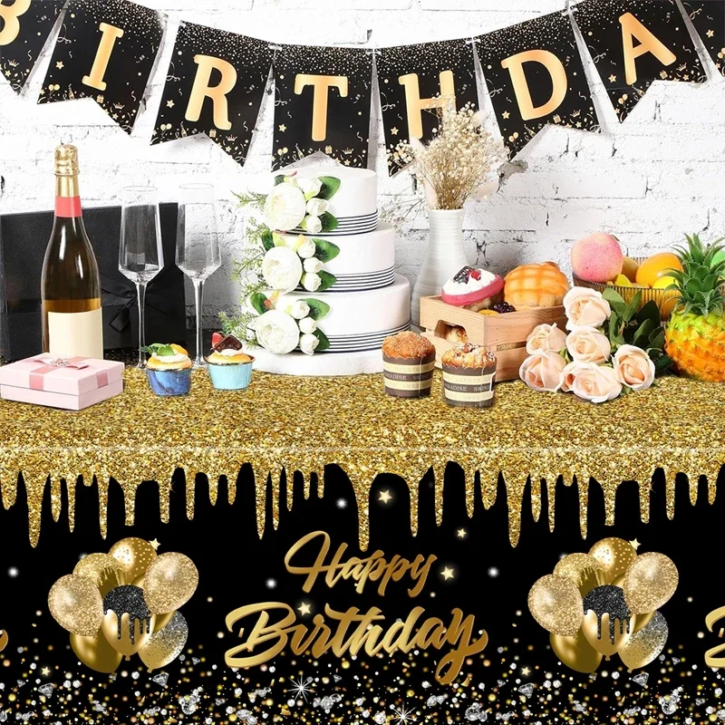 Gold Black Birthday Table Cloth Happy 30 40 50 60 Years old Birthday Party Decoration Gold Glitter Adult Birthday Party Supplies