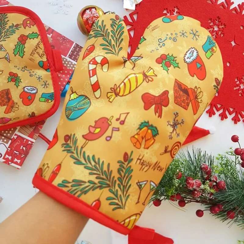 2pcs/set Christmas Oven Mitts and Pot Holders Set Baking Anti-Hot Gloves Kitchen Cooking BBQ Gloves New Year Xmas Party Supplies