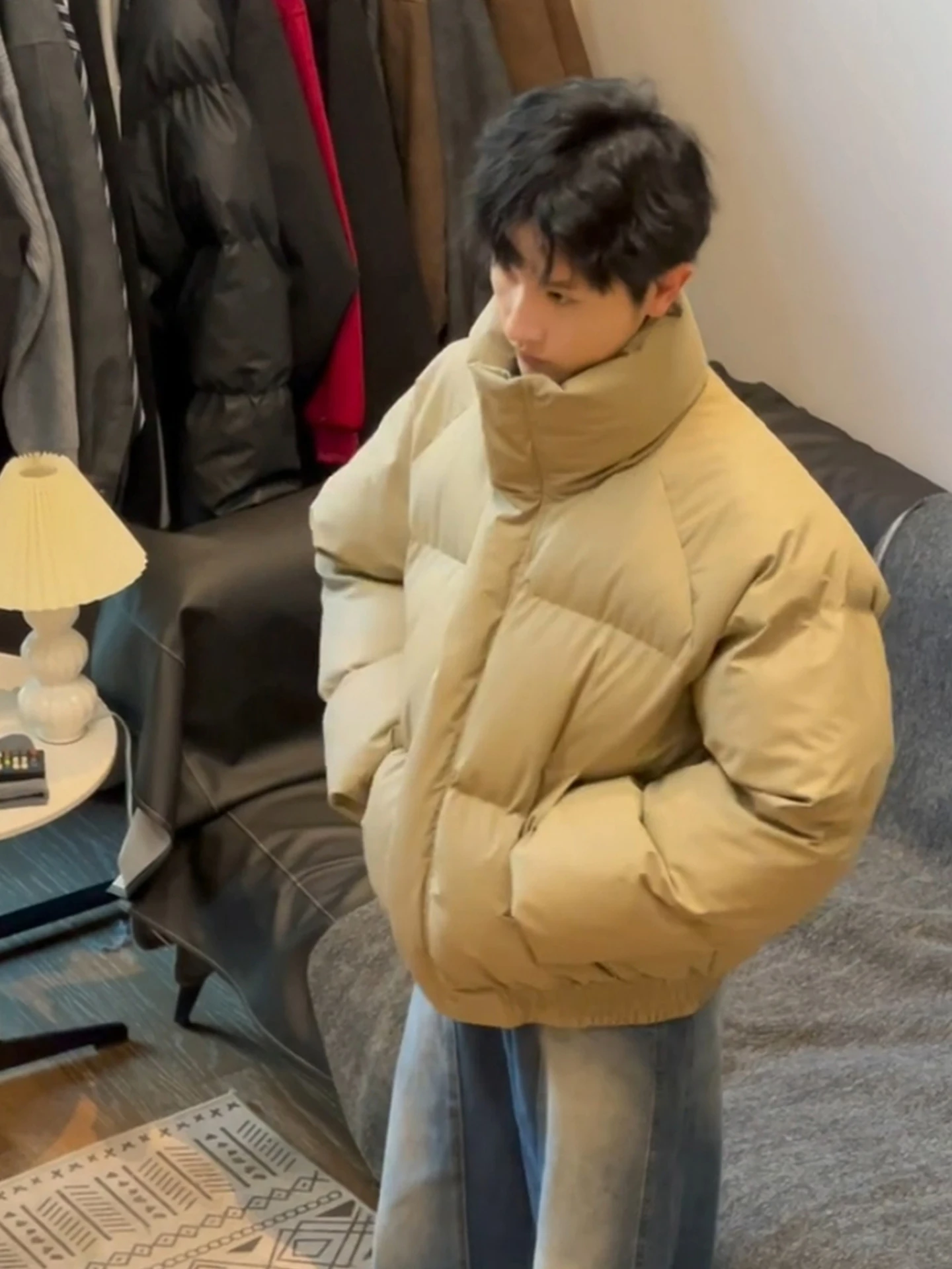 

American High Street ort Men's down Jaet Winter High-End Feel High Collar PU Leather Bread Coat CleanFit Cotton Outerwear