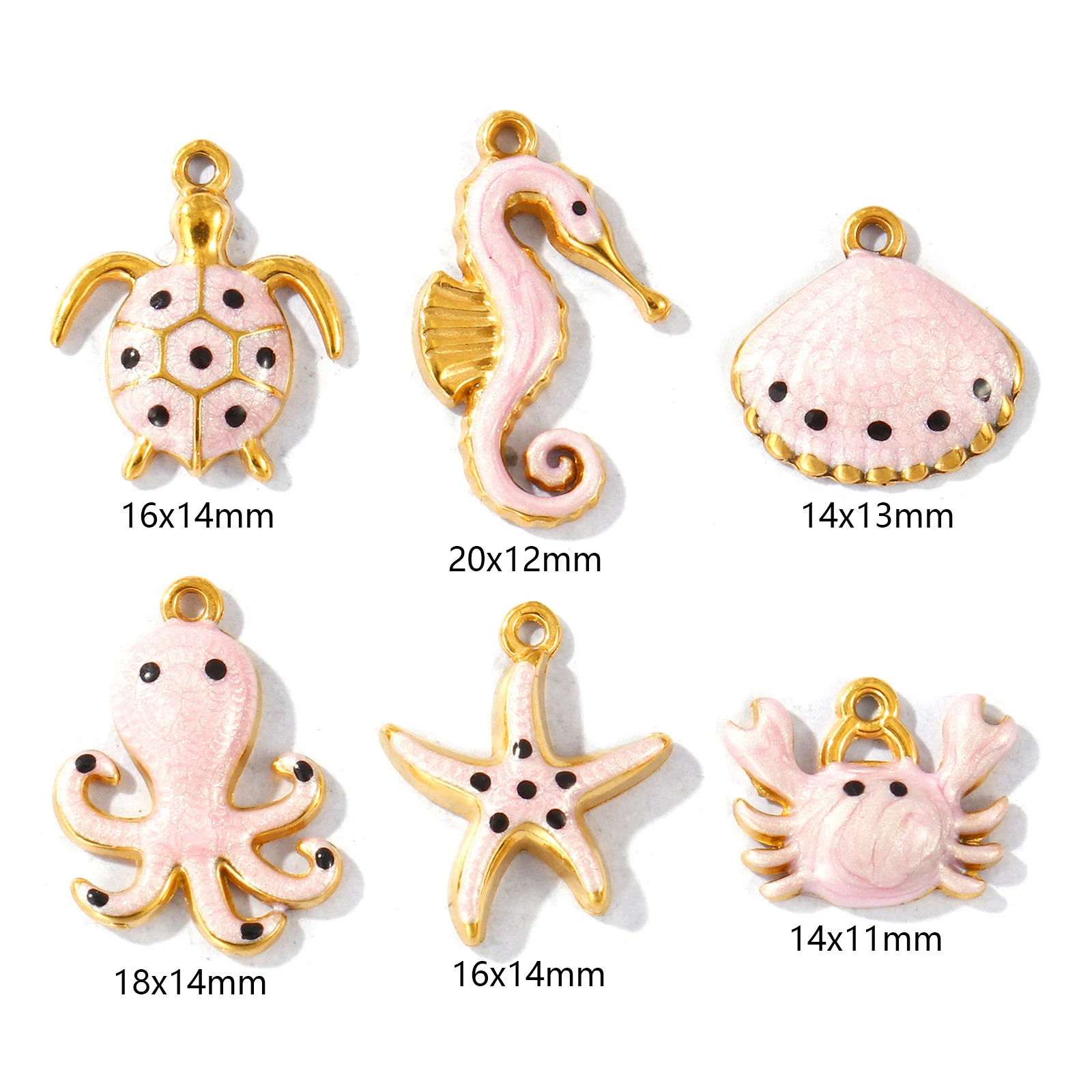 5pcs Stainless Steel Ocean Jewelry Charms 18K Gold Plated Pink Blue Enamel Shell Turtle Seahorse Pearlized Pendants DIY Necklace