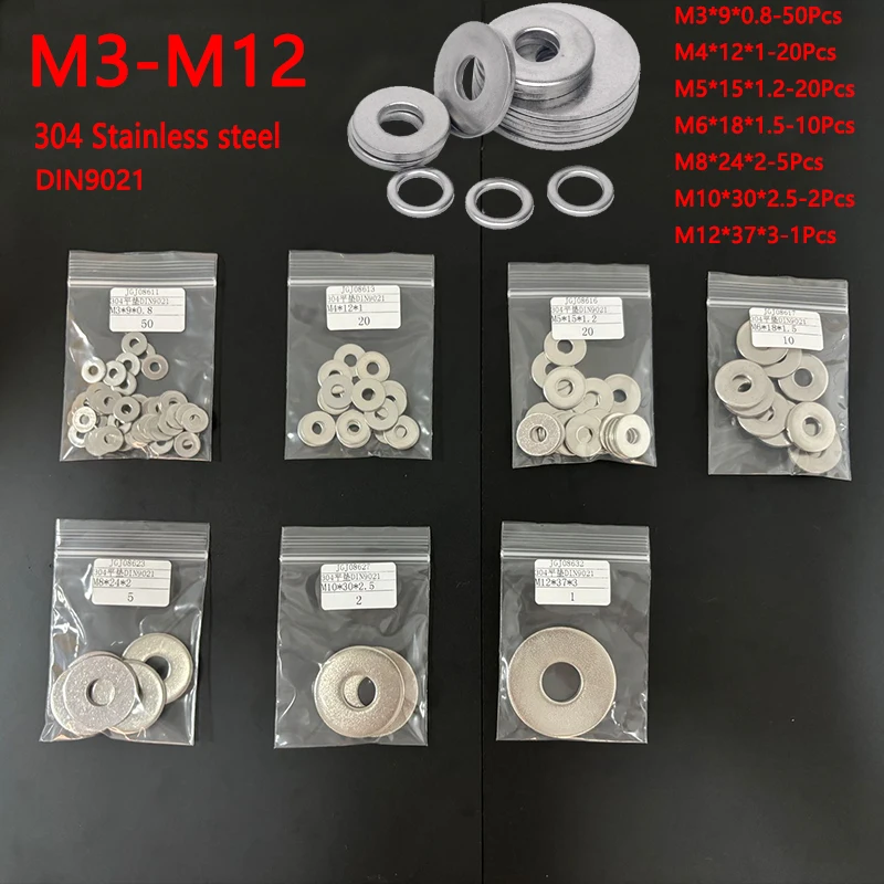 

108 шт. DIN9021 плоская шайба M3 M4 M5 M6 M8 M10 M12 мезонные шайбы из нержавеющей стали, простая шайба, прокладки, прокладки, набор прокладок
