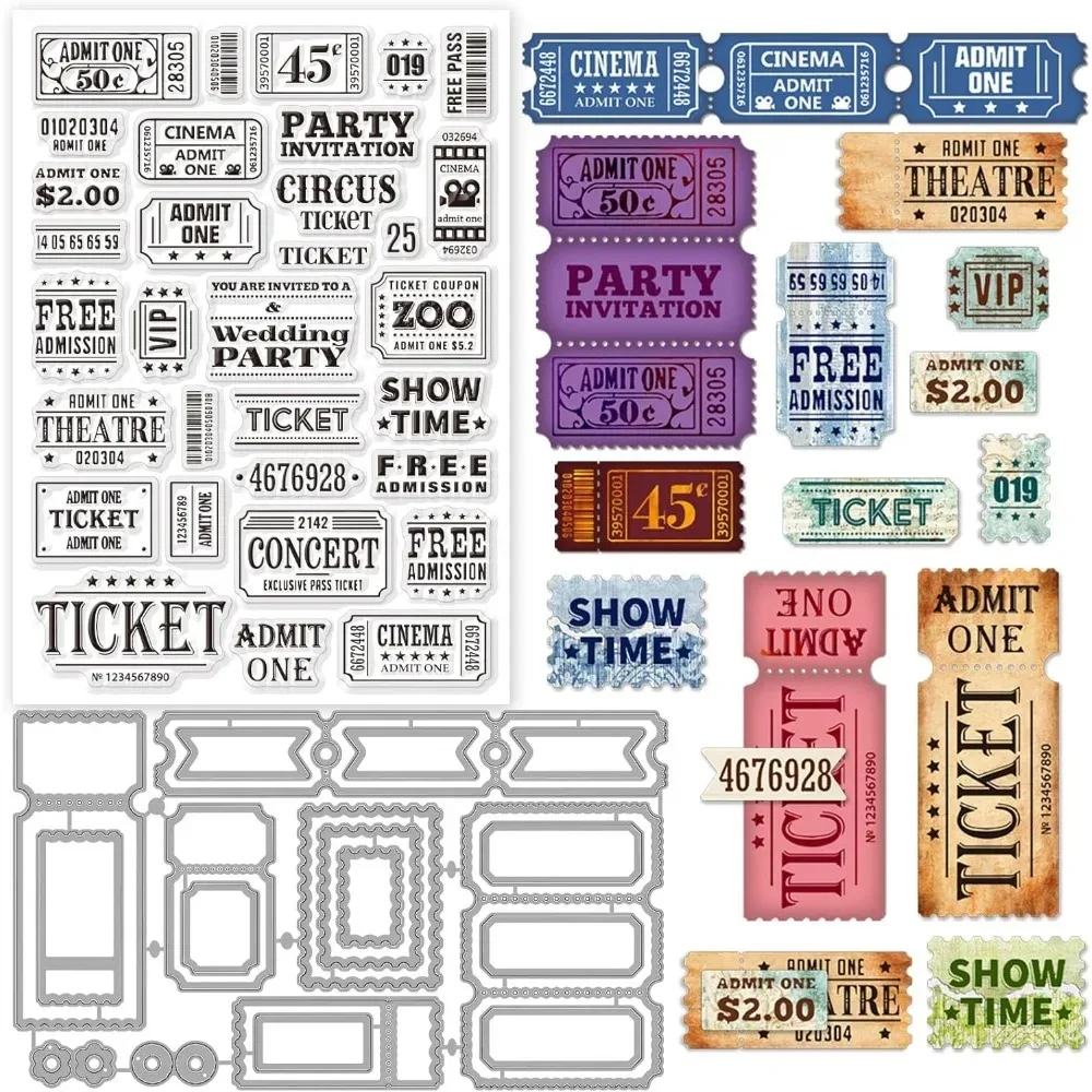 Transparente Stempel und Etiketten im Vintage-Stil mit Tickettext, Rahmen-Stanzformen-Set für die Herstellung von DIY-Scrapbooking-Karten, dekoratives Fotoalbum