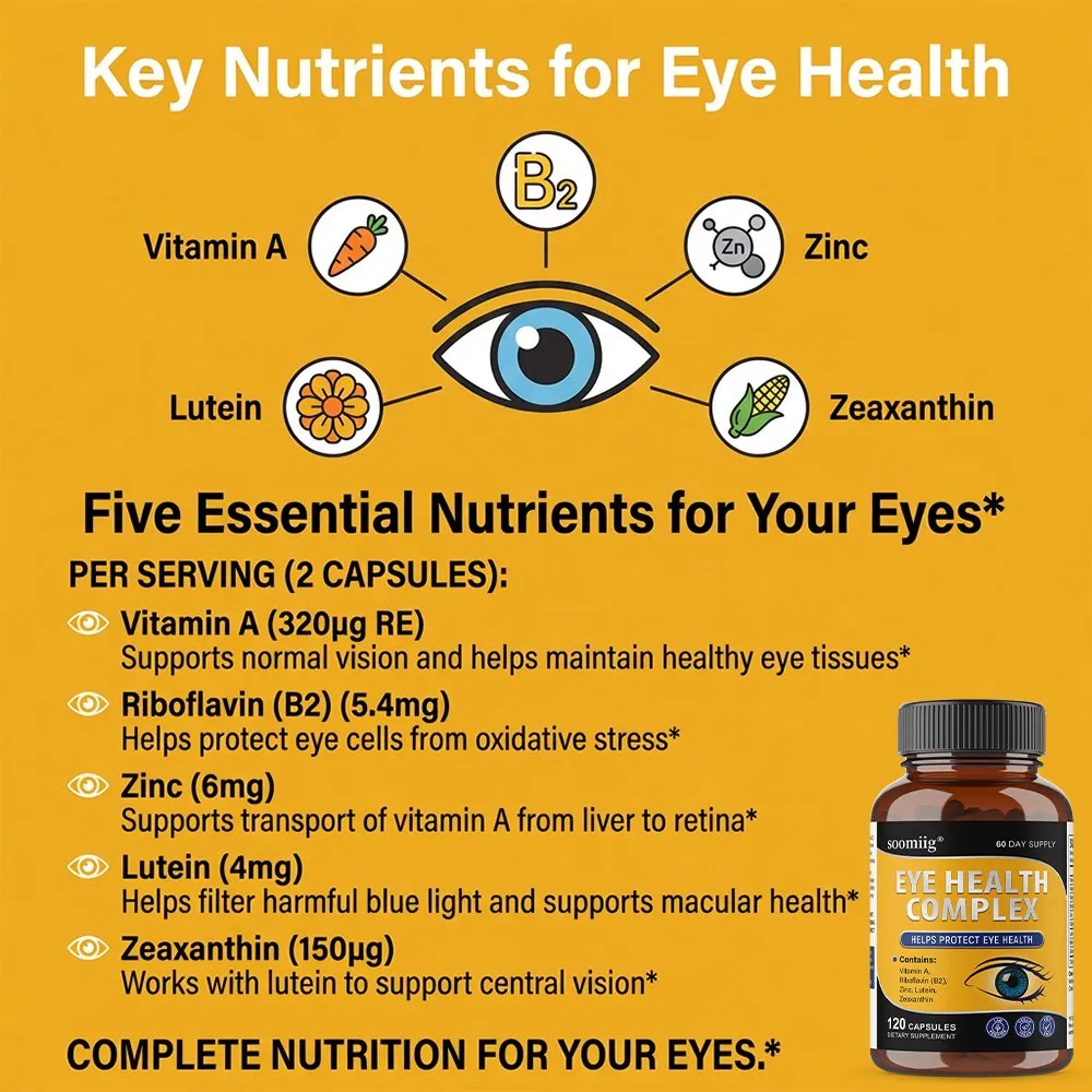 Eye Health Complex – Lutein, Zeaxanthin, Vitamin A, B2 & Zinc Eye Vitamins for Blue Light & Digital Eye Strain Support – Non-GMO