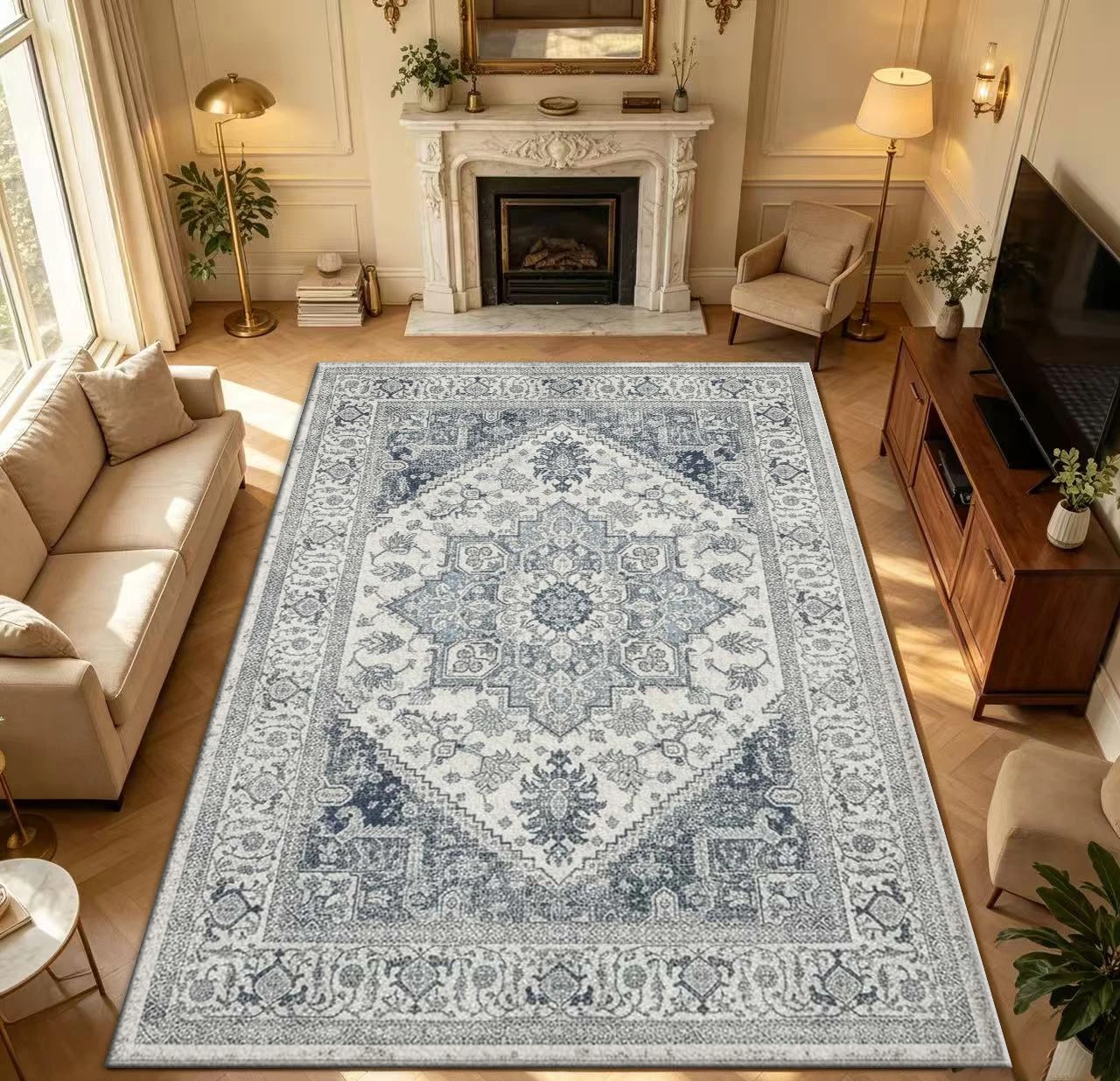 Vintage Distressed Blue Ivory Oriental Area Rug Classic Medallion Floral Border Floor Carpet for Living Room Bedroom Home Decor