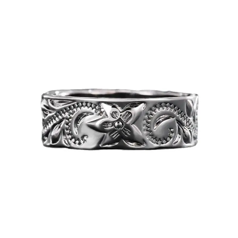 Alloy Antique Silver Ring Women Flower Engraved Hanging Ring Anniversary Gift