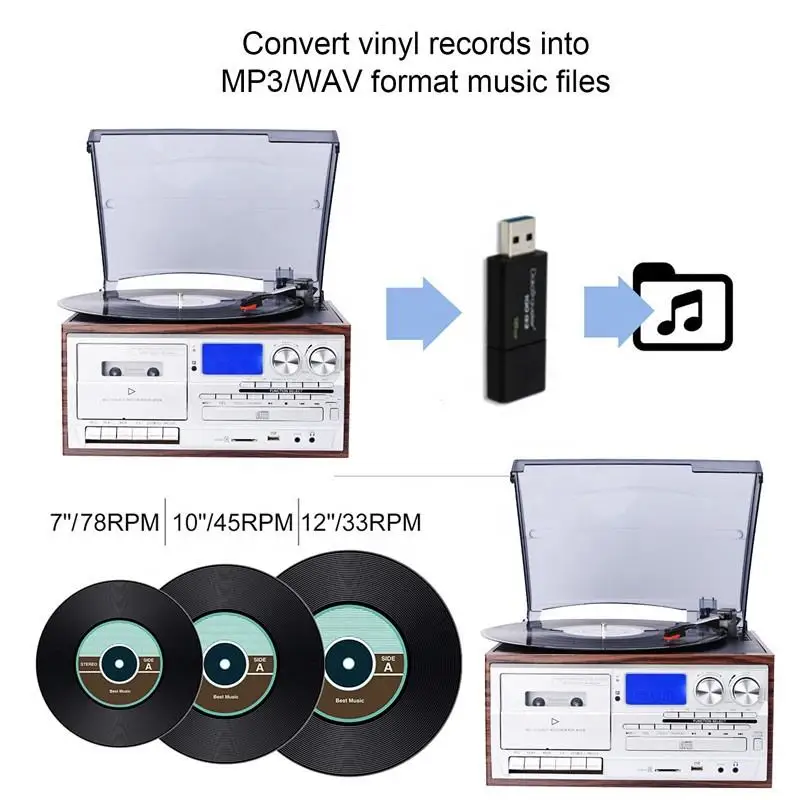 Vintage Style Turntable, 3-Way Music Player (BT/CD/Tape) - Compact Retro Sound System for Home