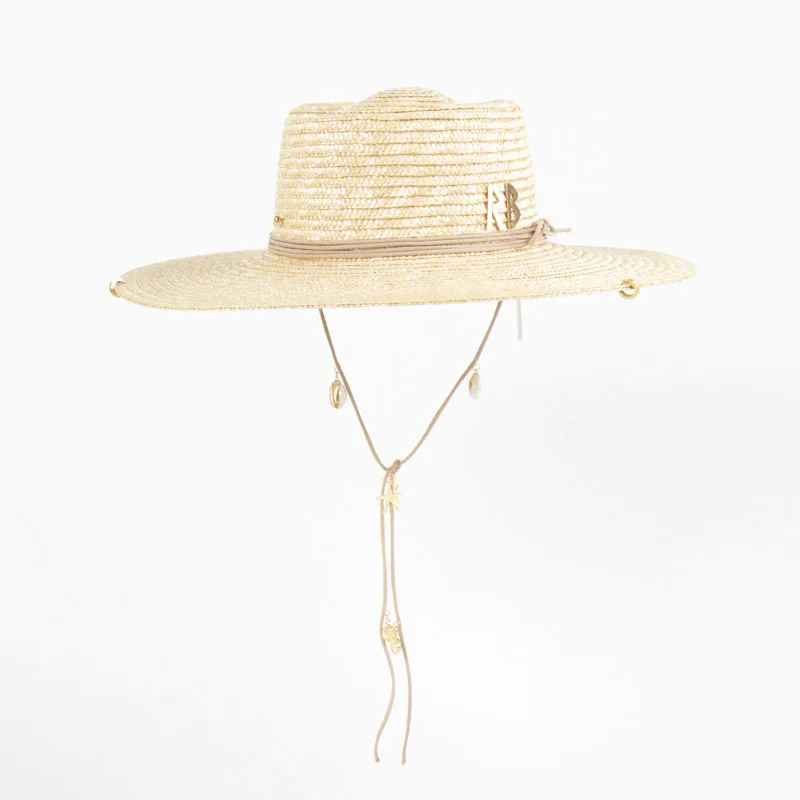 Women Wide Brim Straw Hat with Metal Shell Decor, European American Style Sun Hat Beach Vacation Cap