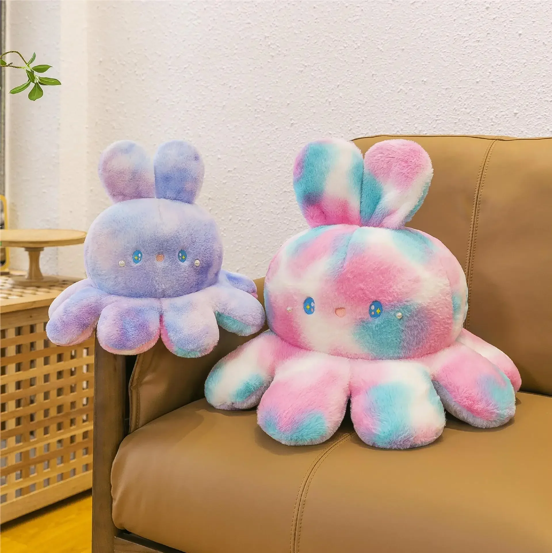 35～50cmフリップオーバータコうさぎぬいぐるみ　表情が変わる両面フリップタコぬいぐるみ　抱き枕　うさぎ布人形