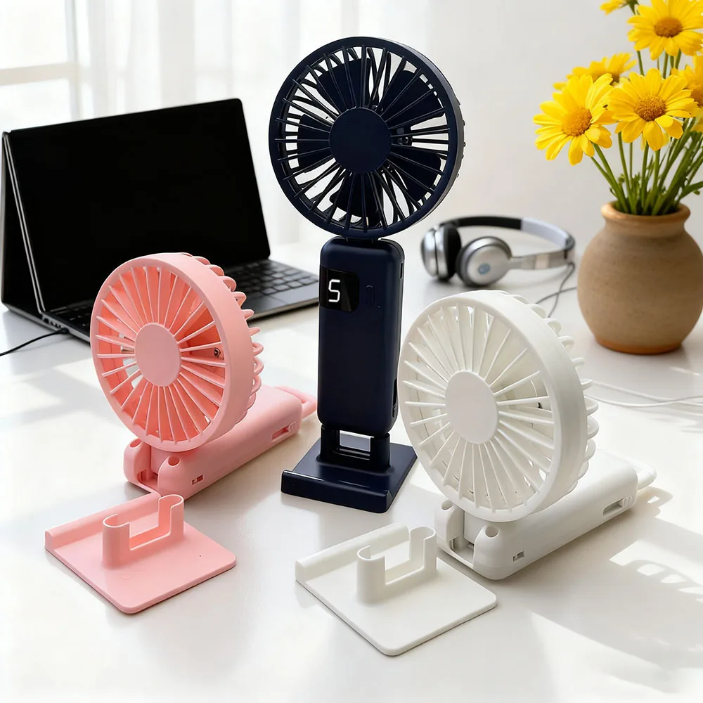 

Handheld USB Fan:5-Speed wind ,Mini Portable Foldable Rechargeable Neck-Hanging Fan with Digital Display for Office / Dormitory