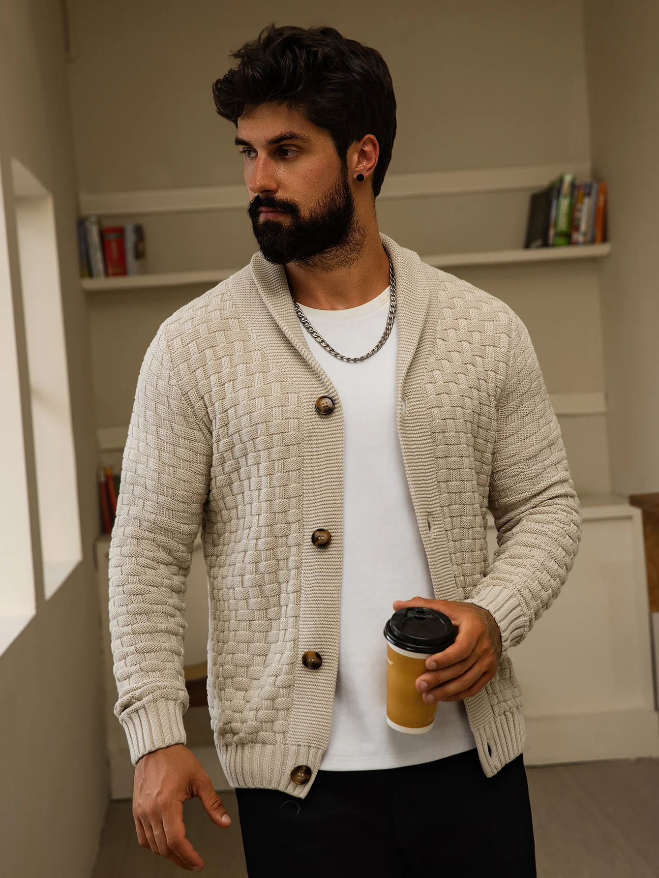 Men's Autumn Winter Cardigan Sweaters Warm Knitted Open Front Long Sleeve V-Neck Pullover in Solid Color for Men