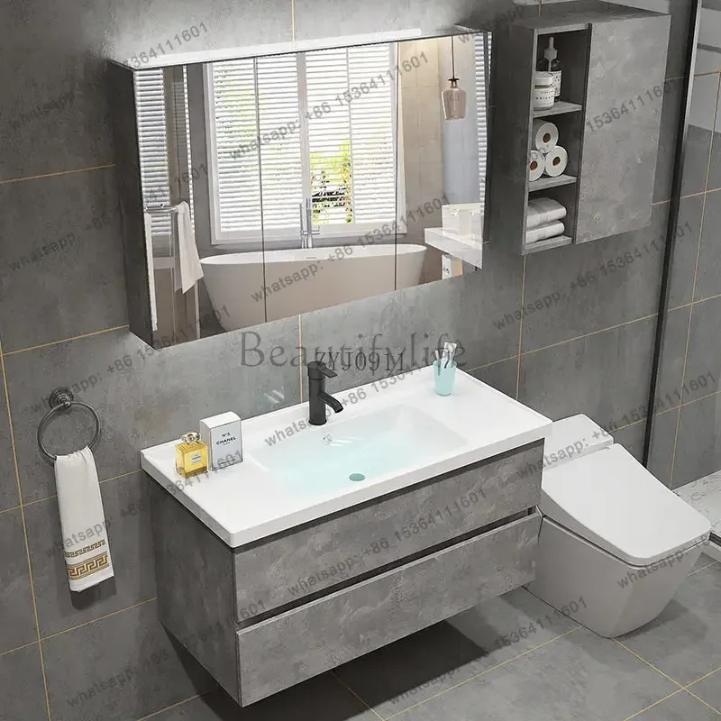 Nordic solid wood bathroom cabinet combination modern simple intelligent washbasin cabinet cement gray wall bathroom cabinet