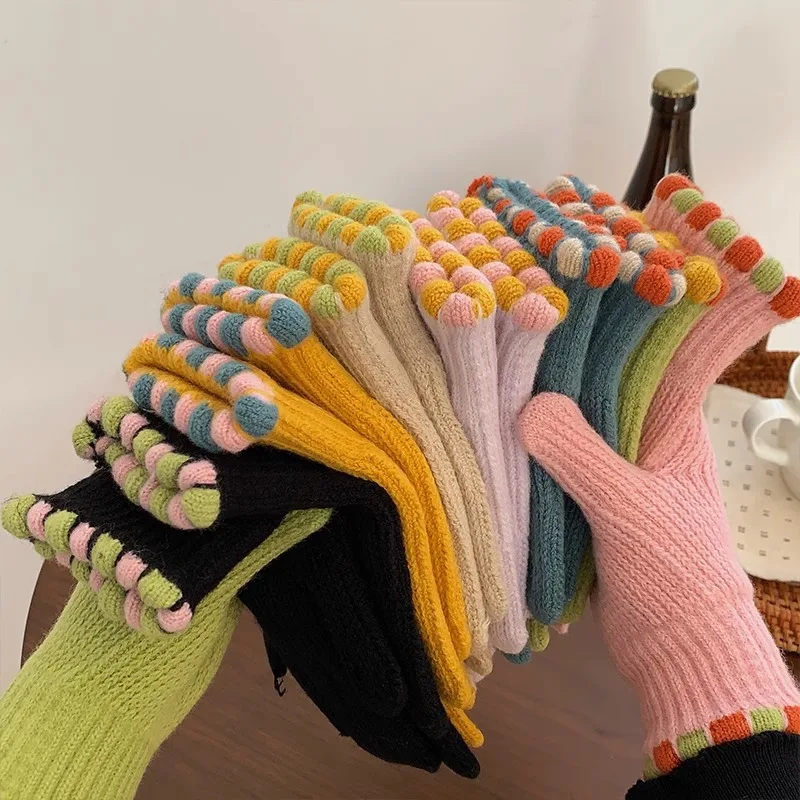 Winter Korean Women Solid Color Touchscreen Warm and Windproof Cycling Finger Candy Bean Knitted Gloves