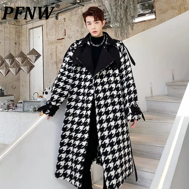 

PFNW Plaid Vintage Thickened Trench Coat New Men's Notched Double Breasted Loose Windbreaker Belt 2024 Autumn Winter Tops 9D1071