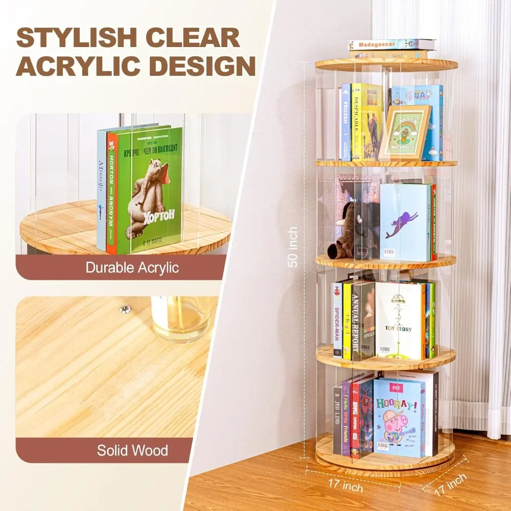 Rotating Bookshelf, 360 Degree Revolving Bookcase, 4-Tier Spinning Bookshelf, Clear Acrylic & Solid Wood Rotating Bookcase