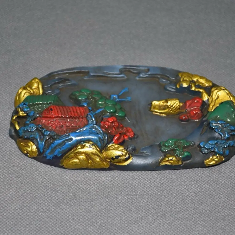 Vintage Liuli Ink Stone with Color Painting & Blue Enamel Pine Decor, 14.5cm Length Oriental Writing Ink Slab Collectible