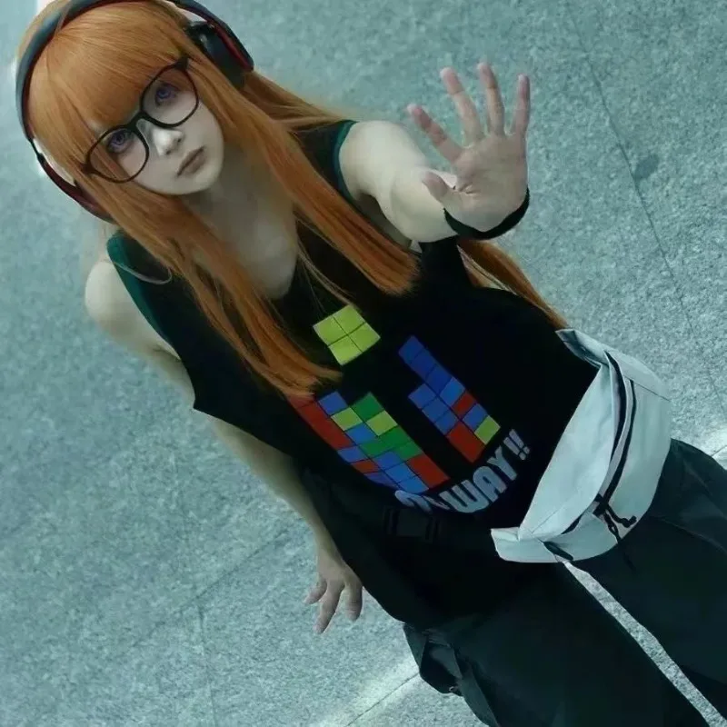 Futaba Sakura Costume Cosplay Gioco P5 Hacker Ragazza Abbigliamento Senza maniche Gilet di cotone allentato Set da due pezzi Abiti da festa di carnevale anime