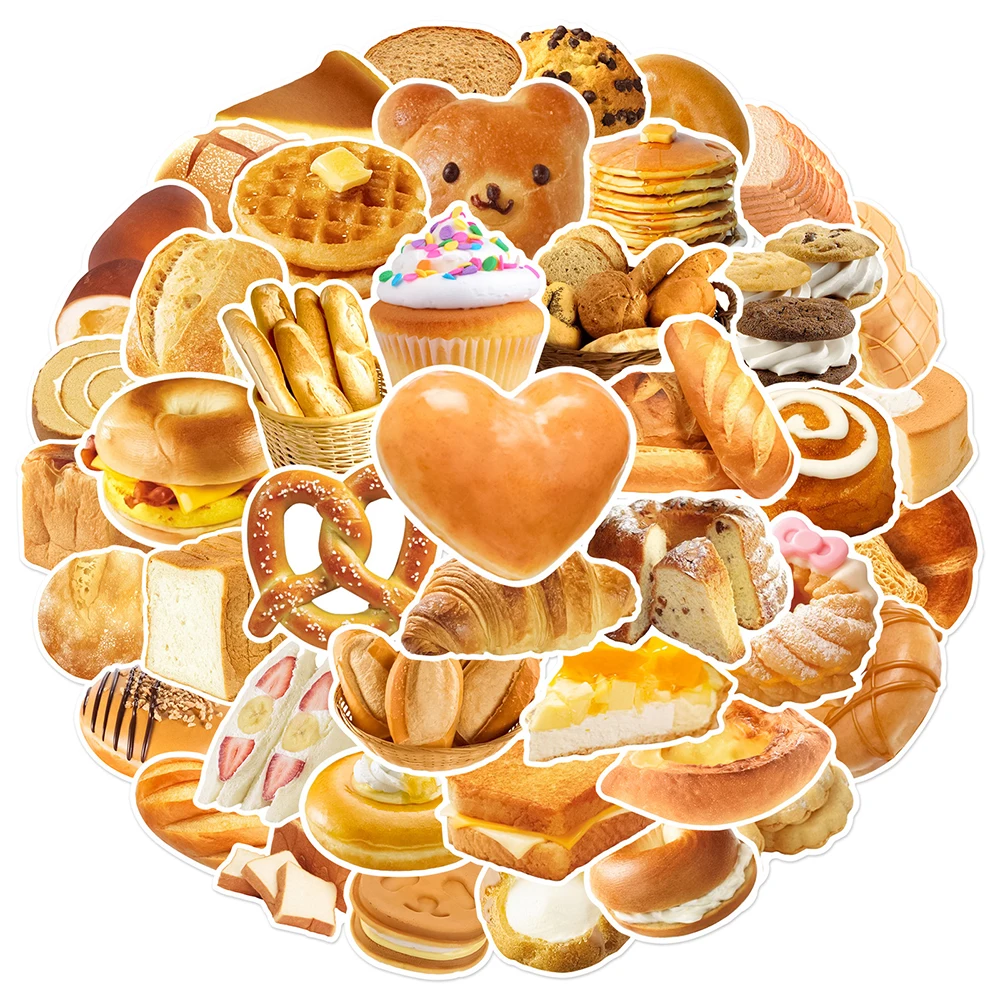 10/30/50pcs Gourmet Bread Cake Food Cartoon Stickers Aesthetic Decals Decorative Stationery Phone Case Laptop Cute Sticker Packs