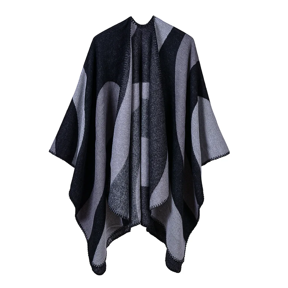 

Women's New Geometric Color Matching Simple Leisure Office Beach Shawl Europe America Cape Ponchos Lady Coat Gray