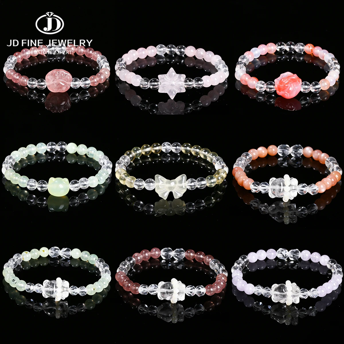 

JD Natural Stone Aquamarine Bead Cute Bear Design Bracelets for Women Chic Handmade Stretch Crystal Healing Bracelet Girls Gift