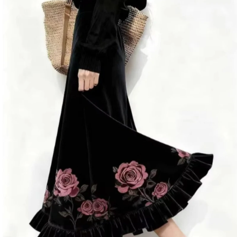 

Fall Winter Women Stretchy High Waisted Floral Pattern Ruffles Black Velvet Skirt , Woman Vintage Flower Printed Velour Skirts