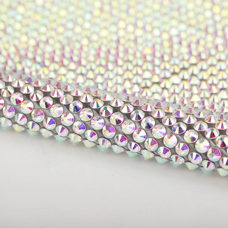 New Arrival 24x40cm Hotfix Ribbon Flatback Glass Crystal AB Diamond Mesh Sheet Glass Rhinestone Crystal AB Trim Iron on Garment