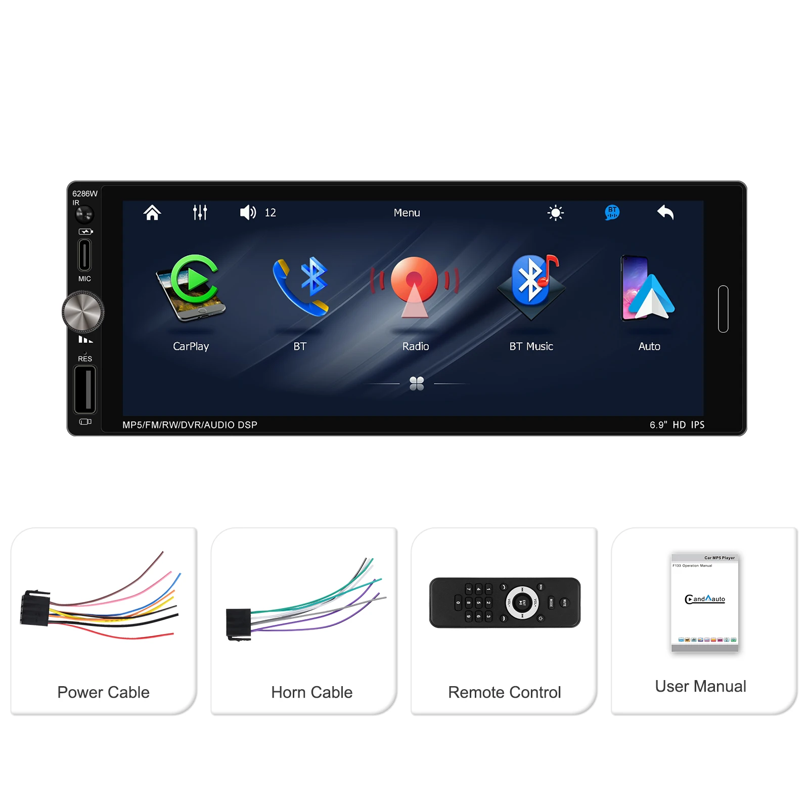 Podofo 6.9 "autoradio 1 Din Draadloze Carplay Android Auto Multimediaspeler HD Touchscreen FM Bluetooth MirrorLink Universeel