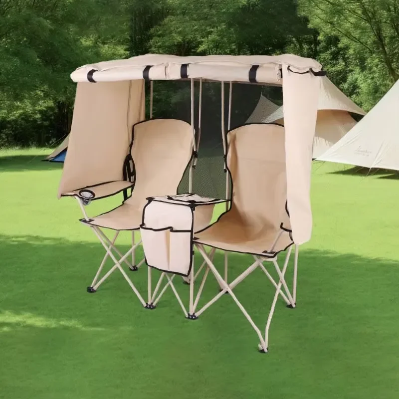 Picnic Chair, Canopy Camping Chair, Double Folding Outdoor Beach Fishing Chair 2 Seats Portable with Shade and Cooler
