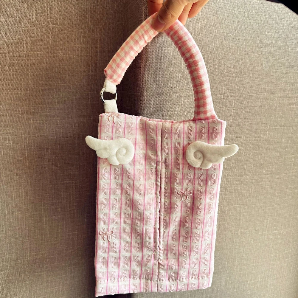 Creative Hanging Tissue Bag Angel Wings Pink Bow Design Wall Mounted Tissue Holder Storage Bag Automotive Home Use Tissue Cover