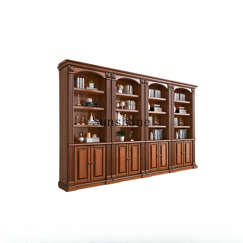 American all-solid wood bookshelf free combination floor display rack with door storage