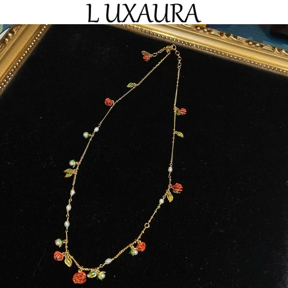 

Vintage fashion classic copper plated 18K red rose design paired with bohemian women's jewelry necklace