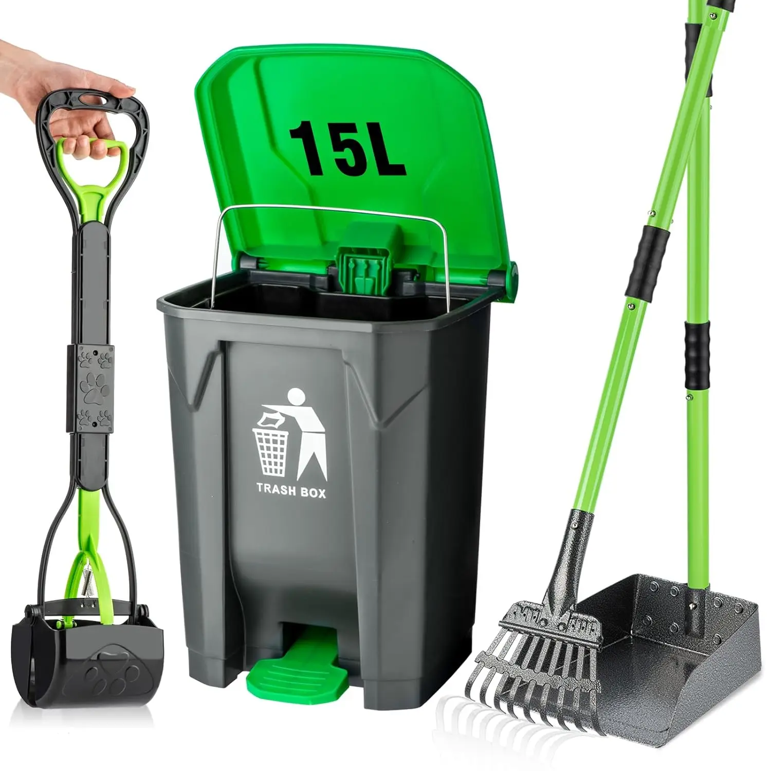 

28" Long Handle Dog Poop Scooper Set with 15L Trash Can, Metal Tray & Rake, 20 Waste Bags for Outdoor Pet Cleanup