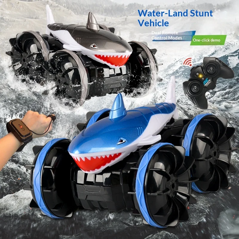 2,4G Dual-Control Amphibisches RC-Auto Hai-Stunt-Auto Wasser-Land Ferngesteuertes Armbanduhr-Modell Elektrisches Spielzeug für Kinder
