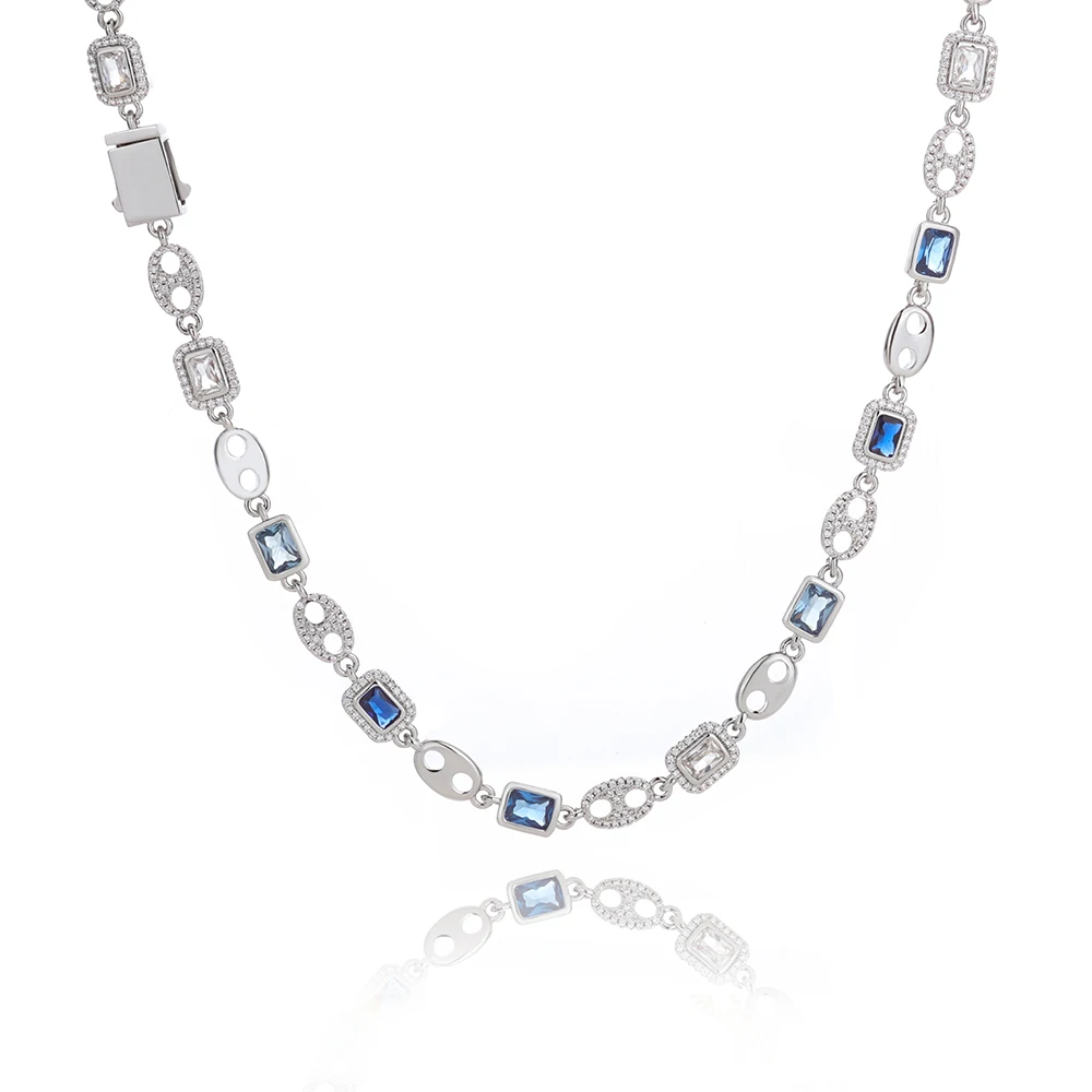 Exquisite Hip hop Necklace Women Charm Accessory Rectangular Blue Zircon Coffee Bean Shaped Gold Plated Silver Plated Chain - Image 2
