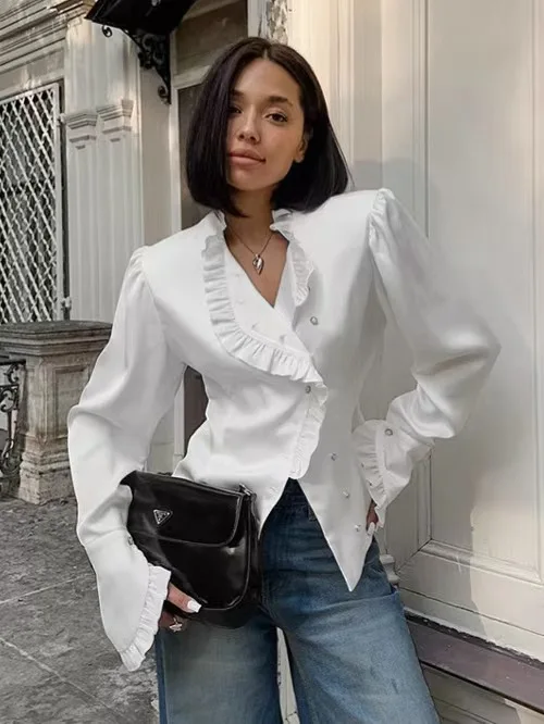 

Ele French Sle Satin irt с воланами Внутренняя одежда Кружевной топ с цветочным принтом Slim Fit Long Sve Pure Color Застежка на пуговицы