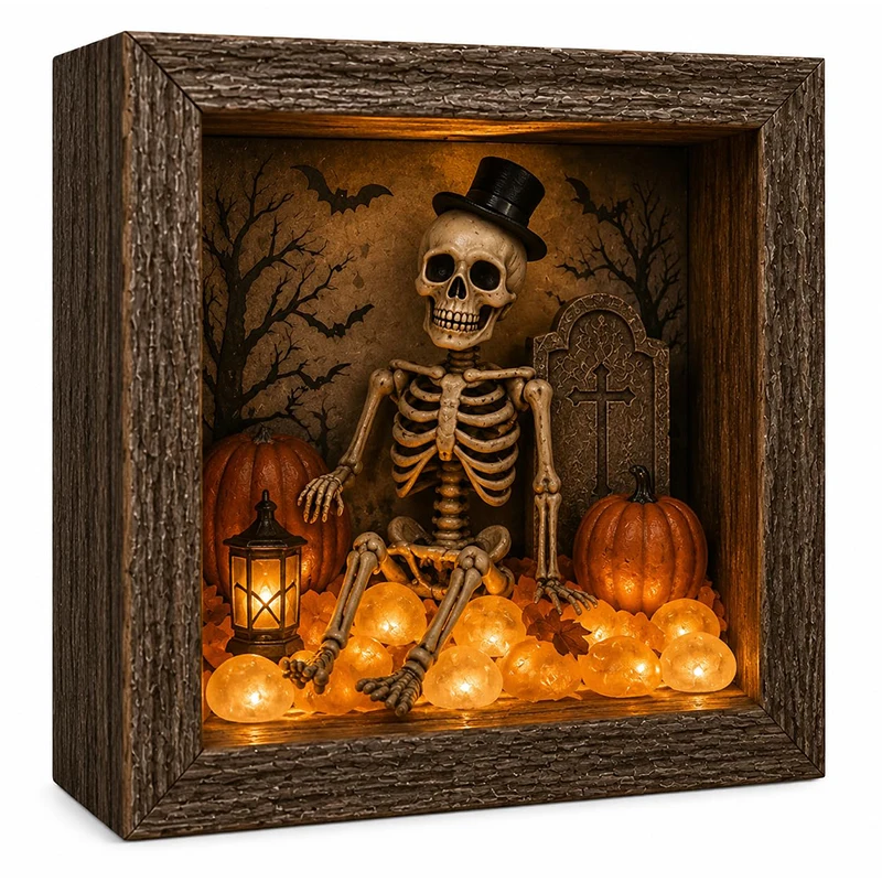  Halloween Shadow Box Frame DIY Lighted Craft Kit with LED Light Gothic Memory Box Display Case with Crystal Glass&Wooden Frame