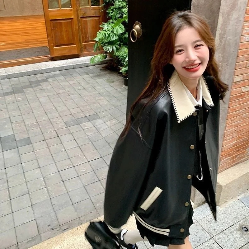 

Black Leather Jacket Women's Loose Fashionable Baseball Style Coat Trendy Streetwear Thickened Long Sleeve PU Leather Coat