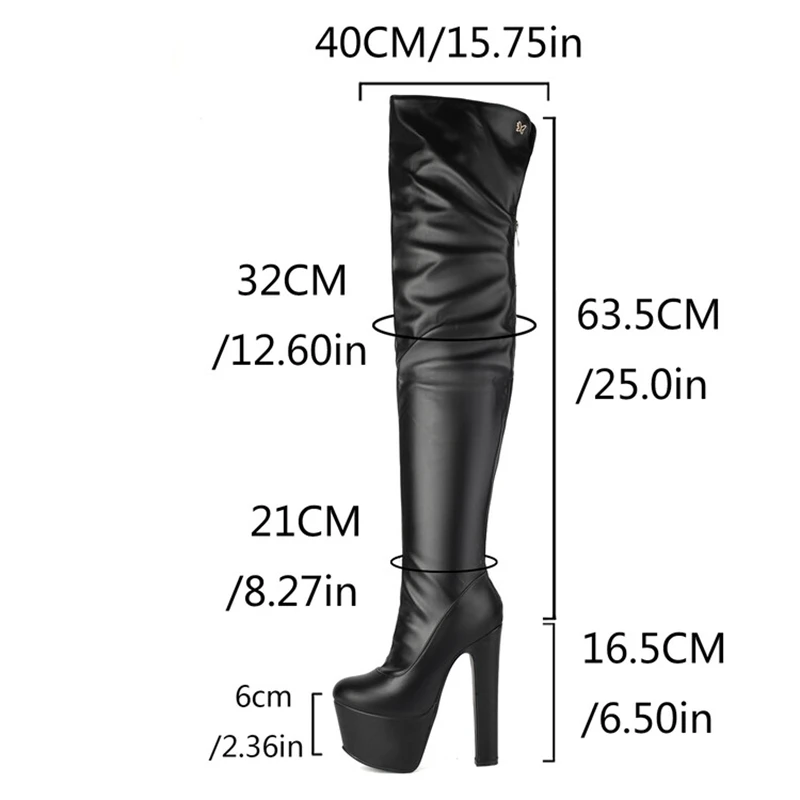 SIMLOVEYO Faux Leather Thigh High Boots High 16.5cm Chunky Heels 6cm Platform Big Size 45 46 Party Women Bota