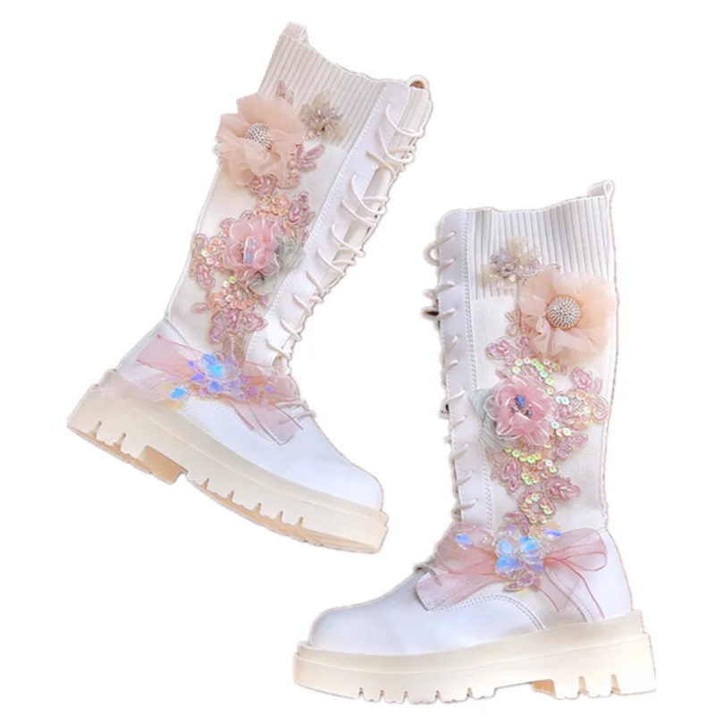 

Sweet 3D Floral Sequins Bling Women White Platform Long Sock Boots Strecth Fabric Female Fashion Lace Up Mid-Calf Martin Shoes