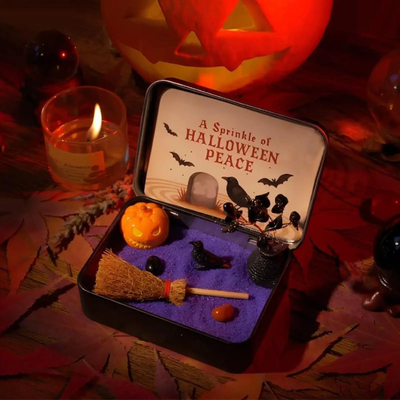 

Статуэтки на Хэллоуин, карманная садовая статуя обсидиана на Хэллоуин с метлой, тыква, настольные аксессуары для медитации, рабочего стола