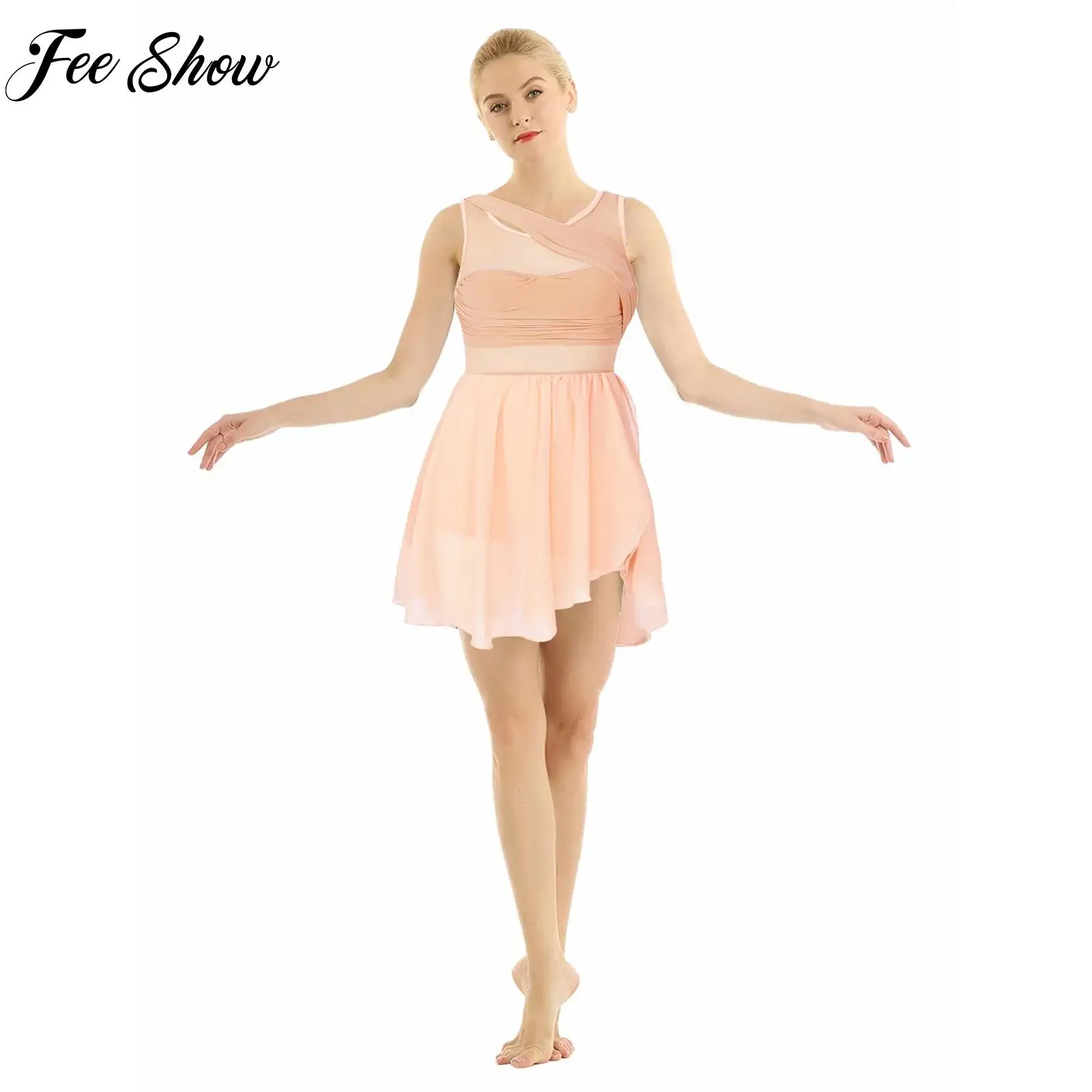 Adult Asymmetric Chiffon Ballet Dance Leotard Dress Sleeveless Cut Out Women Lyrical Modern Dance Practice Costumes