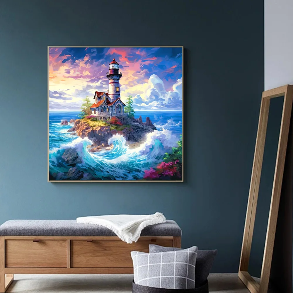 Huacan 5d Diamond Painting Landscape Lighthouse Full Diy Mosaic Sea Island New Collection Picture Of Rhinestones Home Decor