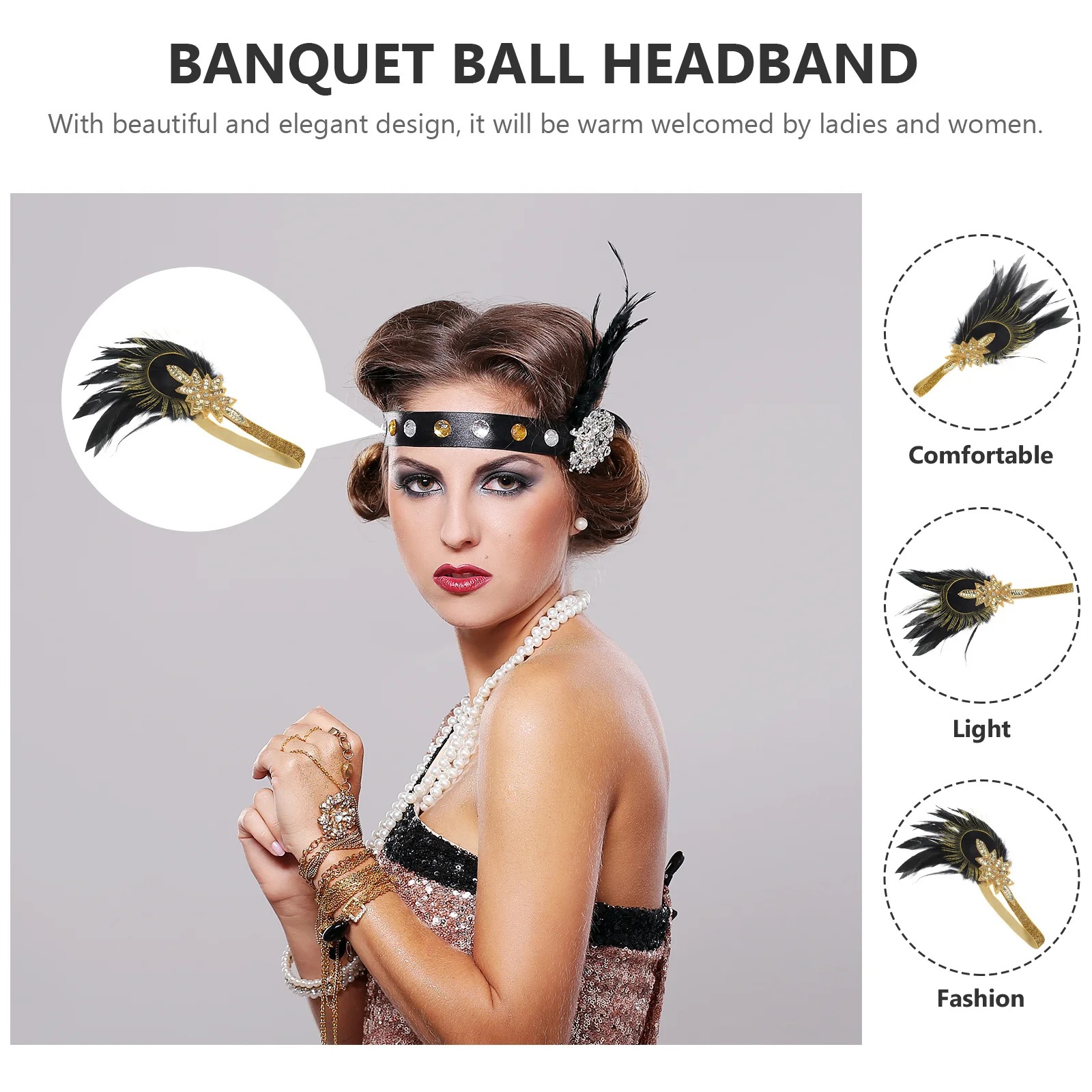 Flapper Headband Hairband Soft 1920S Headpiece for Wedding Banquet Ball Party Roaring 20S Accessories for Women